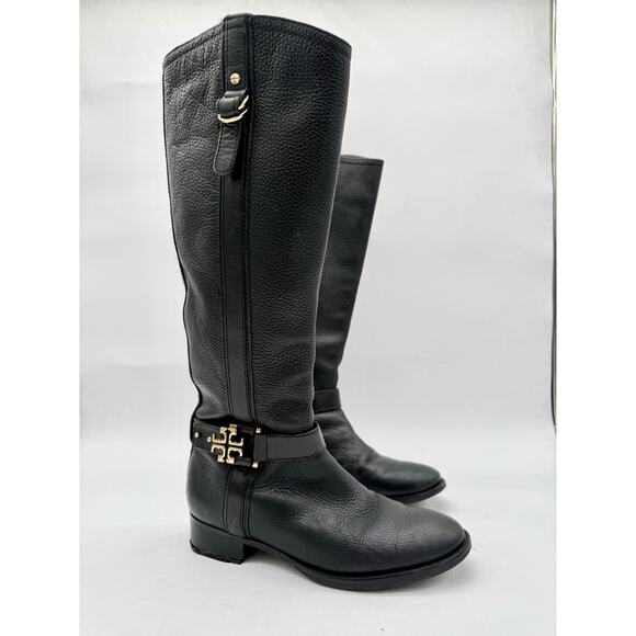 Tory Burch Elina Tall Black Textured Pebbled Leather Riding Boots Women's 7.5 - Picture 1 of 10